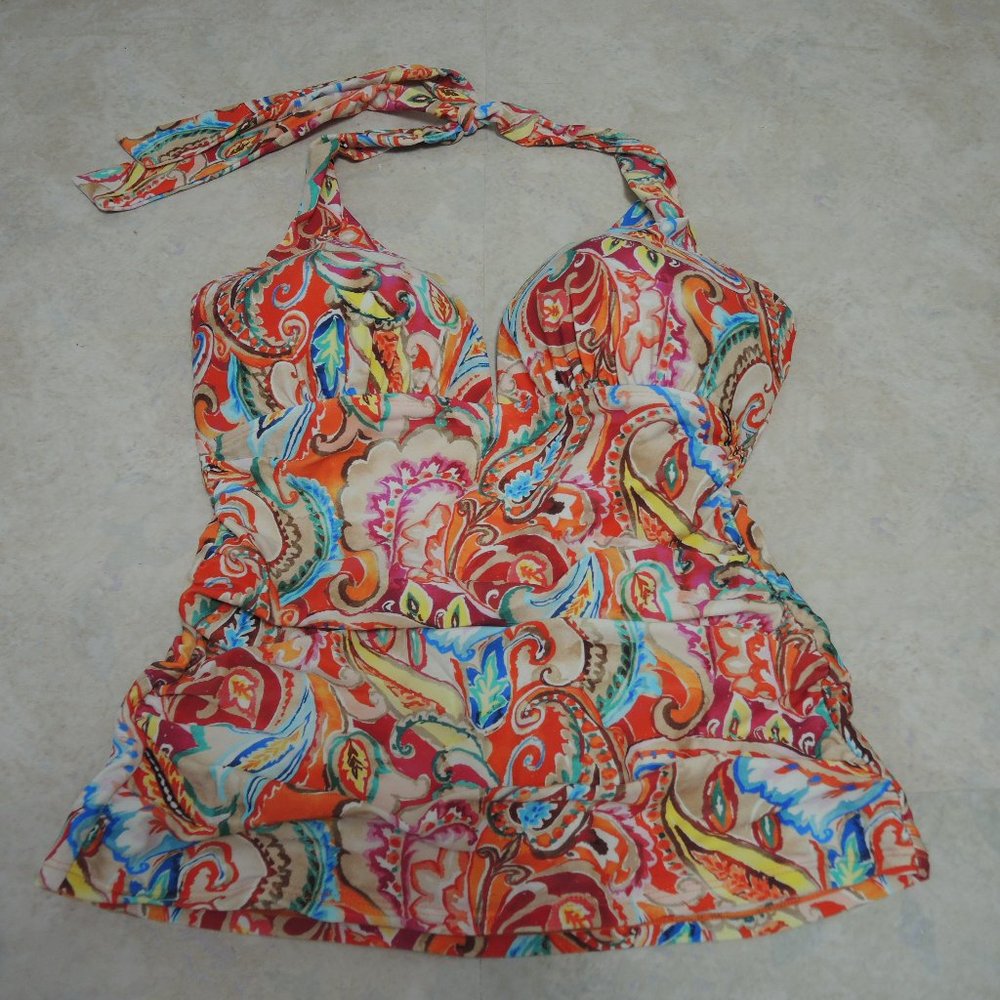 4/$25 Lauren Ralph Lauren Tankini Swim Halter Top Orange Paisley Floral Sz M